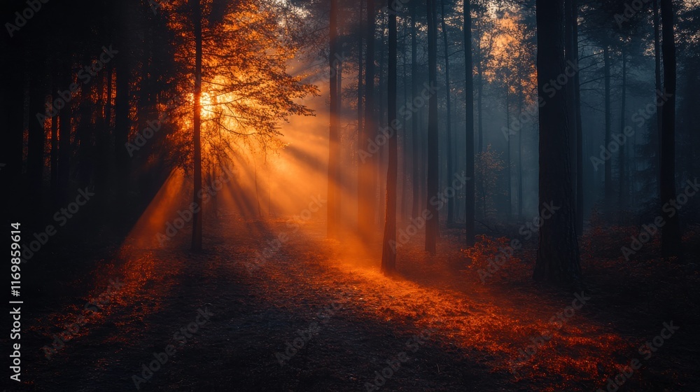 Obraz premium Soft Light Rays Through Burnt Forest at Dusk