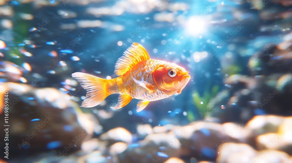A single goldfish swims in a sunlit aquarium, surrounded by rocks and plants. A single goldfish swims in a sunlit aquarium, surrounded by rocks and plants.