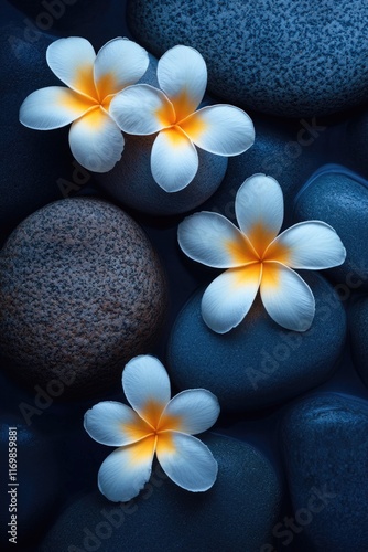 A serene tropical scene with delicate pink flowers and dark rocks.