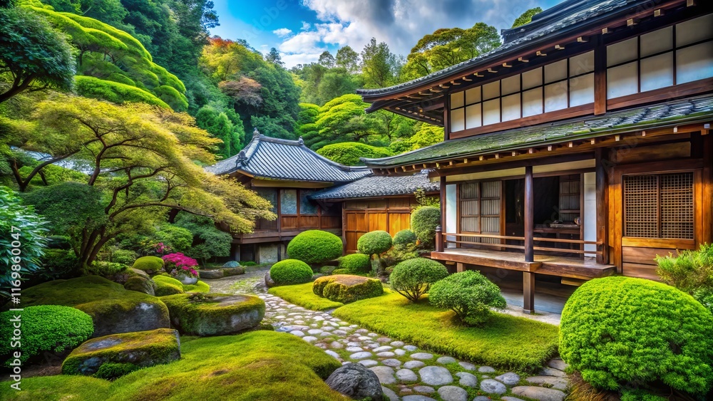 Fototapeta premium Serene Japanese Garden: Traditional House & Lush Greenery