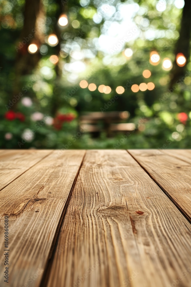 Natural wooden picnic table in garden setting with lights strung above. Natural wooden picnic table in garden setting with lights strung above.