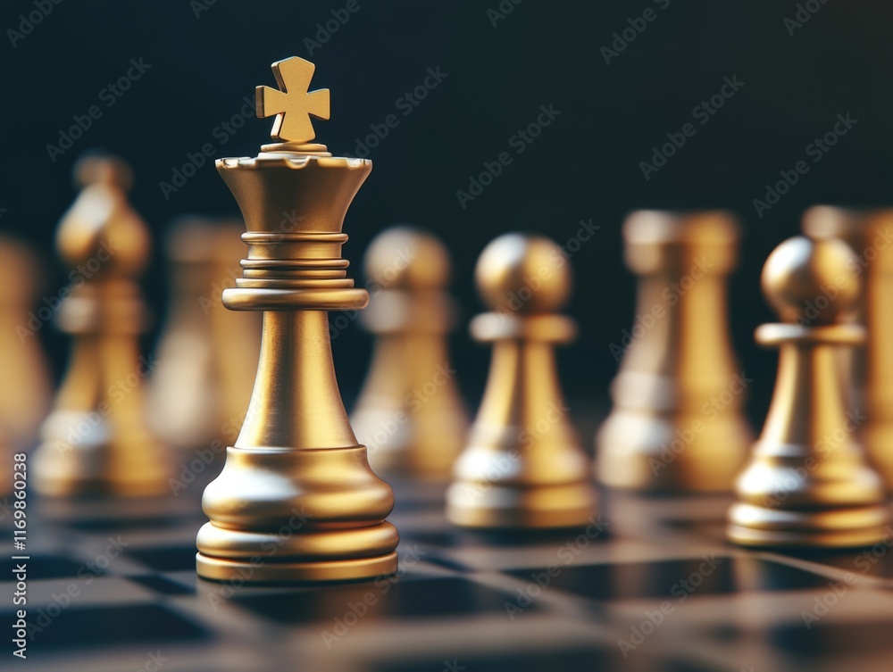 Gold chess game with king piece in center, showcasing competition and strategy. Golden pieces on a table. Gold chess game with king piece in center, showcasing competition and strategy. Golden pieces on a table.