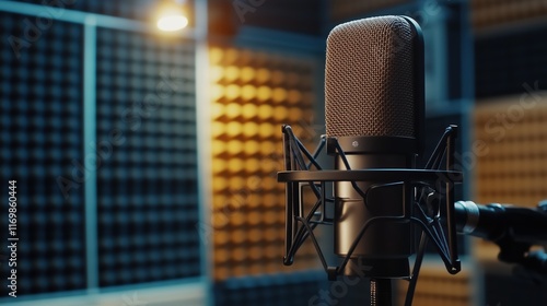 Asian woman recording audio in professional studio setting with soundproof walls and high-quality microphone for podcasting and voiceover work