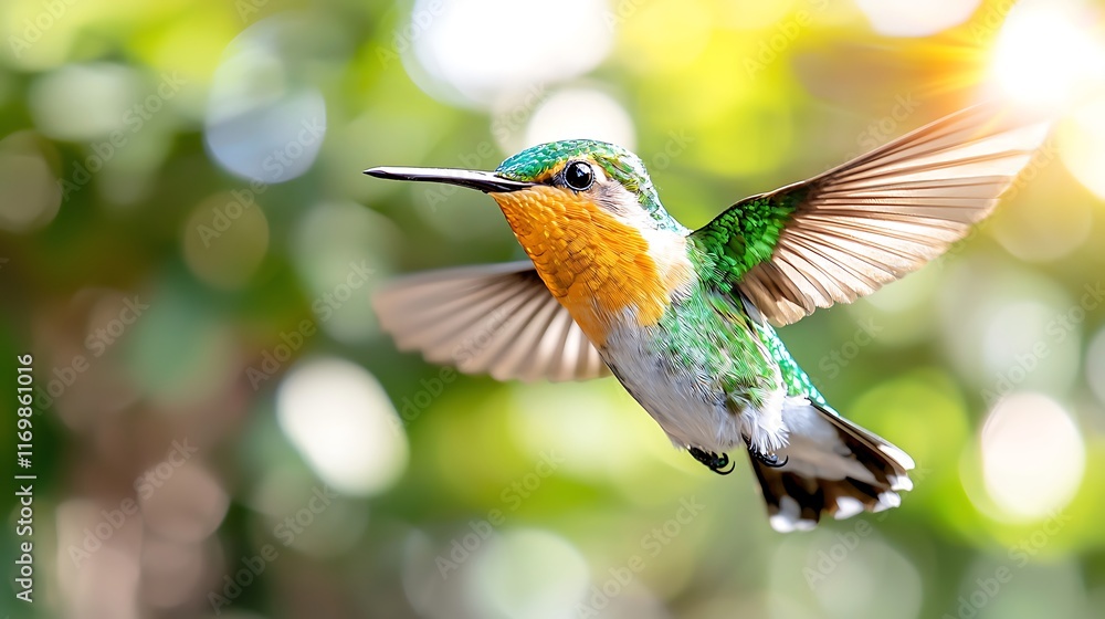 Fototapeta premium A vibrant hummingbird in flight, wings outstretched, against a bokeh background of green foliage and sunlight.