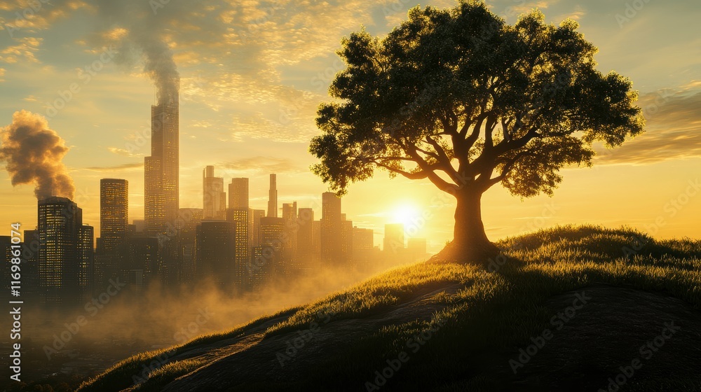Urban and Natural Contrast at Sunset with Soft Shadows Urban and Natural Contrast at Sunset with Soft Shadows