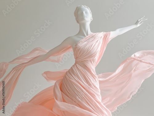 Pinkish statue of a classical female figure in flowing attire, dancing with grace photo