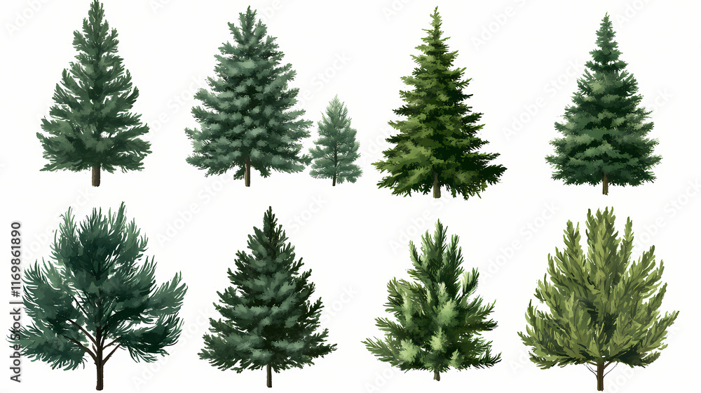 Set of conifer tree groups isolated on transparent background. Evergreen. Illustration Set of conifer tree groups isolated on transparent background. Evergreen. Illustration