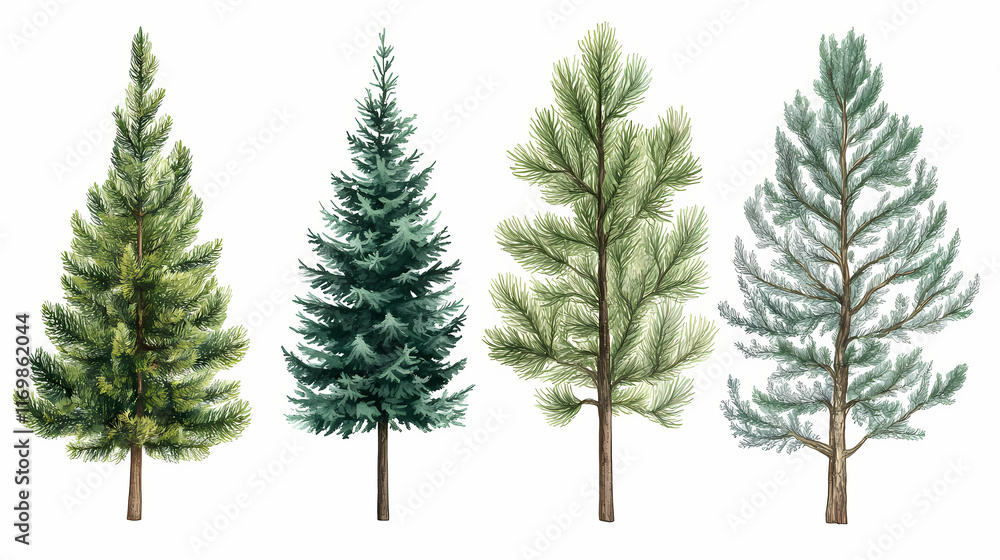 Fototapeta premium Set of spruce picea abies and pungens colorado blue green fir evergreen pinaceae needled tree isolated png medium and small on a transparent background perfectly cutout. Evergreen. Illustration