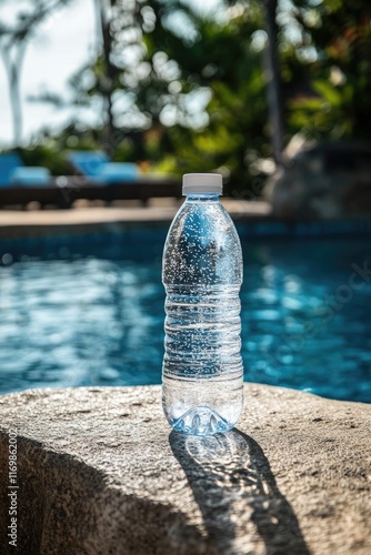 Plastic water bottle by a pool, with its label facing the camera. A common image for topics related to summer activities, hydration, and sports drinks. photo