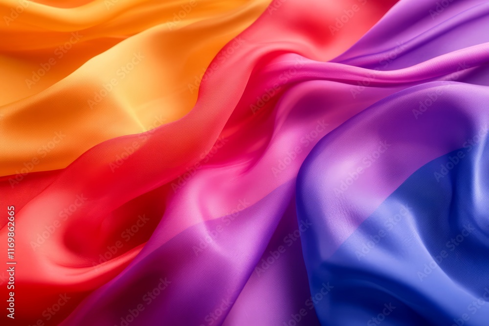 Obraz premium Colorful abstract background with blurred silk fabric, flowing in the wind. Color gradient of red, orange, purple, blue, pink, yellow, and violet.