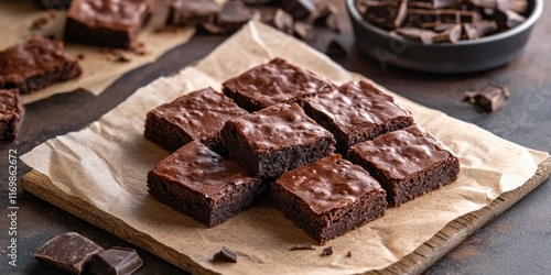 Homemade chocolate brownies on parchment paper. High in protein, they are a sweet and delicious dessert.