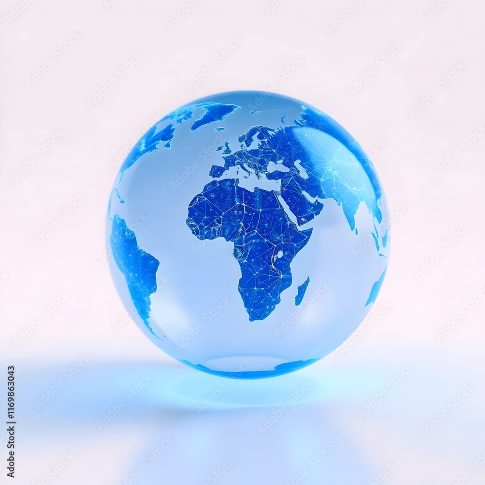 Fototapeta premium a technology and internet concept An abstract light blue hologram of the world in a glass sphere on a blur Abstract digital globe with global network connections on a white background, 