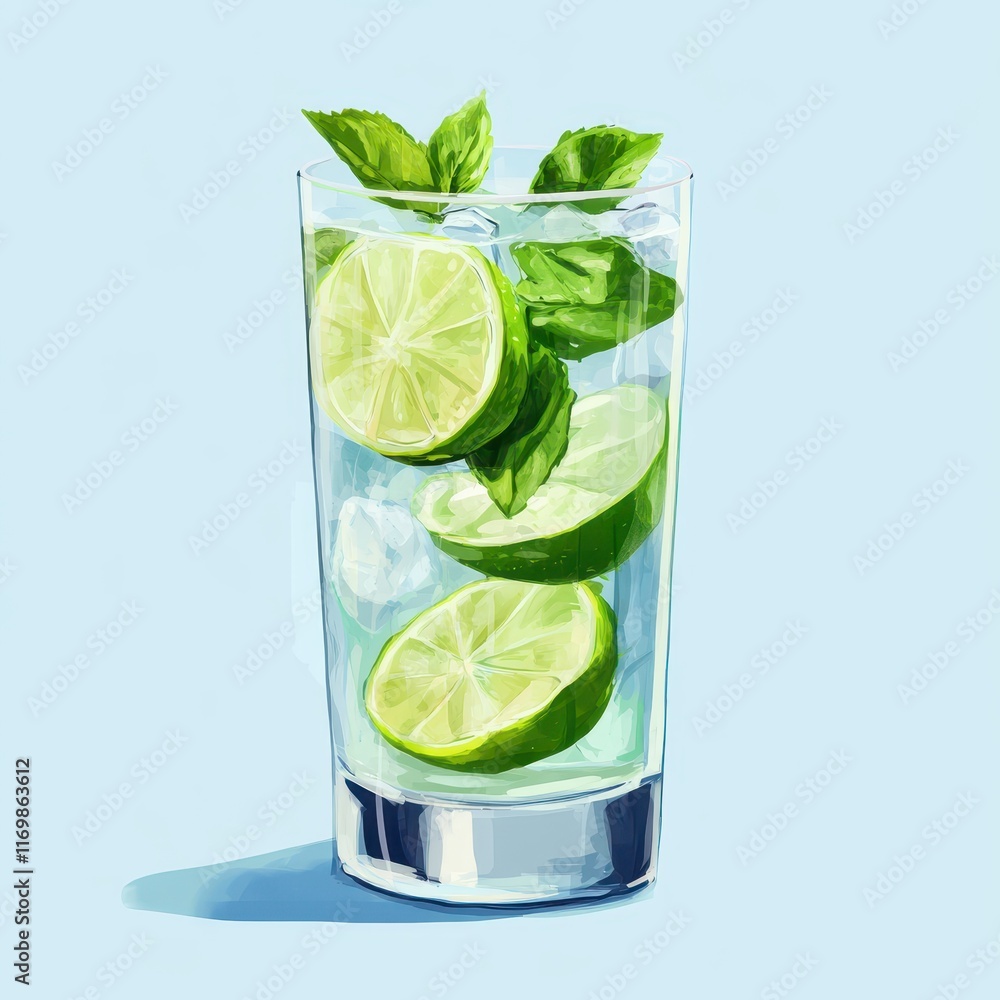 An exotic, alcohol-free mojito served in a tall glass with lime slices and mint leaves, Sparkling, Minimalist, Cool tones. An exotic, alcohol-free mojito served in a tall glass with lime slices and mint leaves, Sparkling, Minimalist, Cool tones.