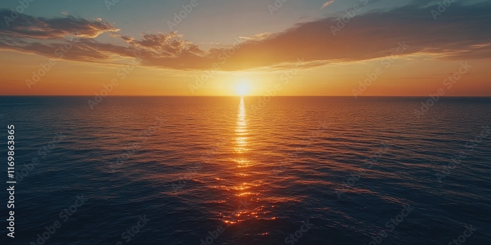 Obraz premium The sun is setting over the ocean, casting a warm glow on the water. The sky is filled with clouds, creating a serene and peaceful atmosphere