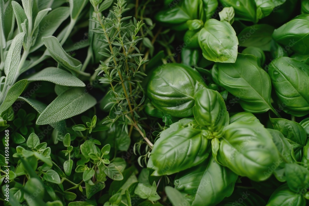 A variety of fresh, green herbs for use in cooking. A variety of fresh, green herbs for use in cooking.