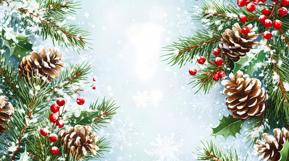 Festive christmas border of evergreen branches, pinecones, holly, and berries on a snowy background. Evergreen. Illustration Festive christmas border of evergreen branches, pinecones, holly, and berries on a snowy background. Evergreen. Illustration