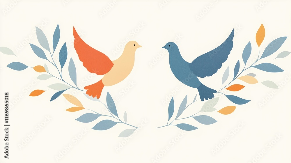 Abstract Doves with Olive Branches Symbolizing Peace in Soft Pastel Colors for International Day of Peace, Minimalist Design with Orange and Blue Tones, Ideal for Tranquil Themed Illustrations Abstract Doves with Olive Branches Symbolizing Peace in Soft Pastel Colors for International Day of Peace, Minimalist Design with Orange and Blue Tones, Ideal for Tranquil Themed Illustrations
