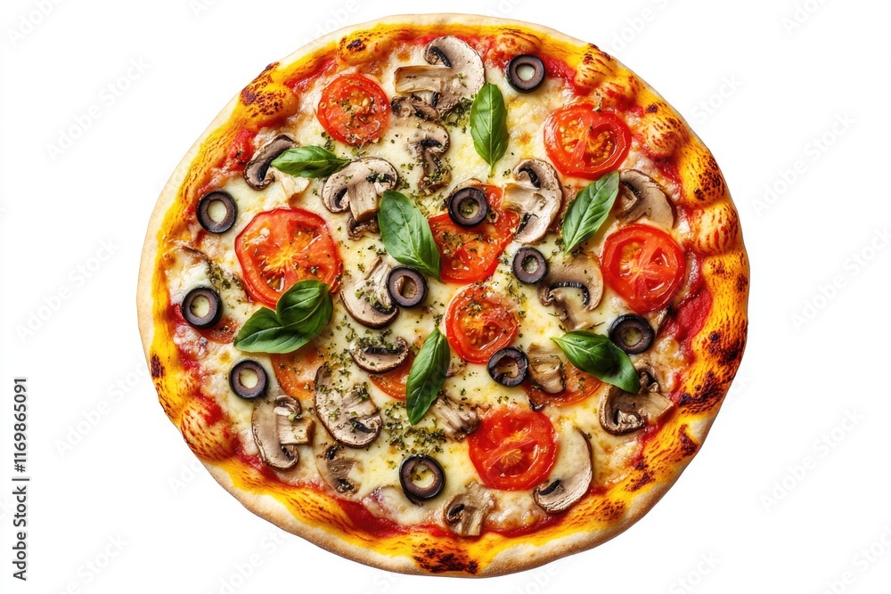 Pizza with mozzarella cheese, sliced mushrooms, sun-dried tomatoes and basil leaves. Pizza with mozzarella cheese, sliced mushrooms, sun-dried tomatoes and basil leaves.