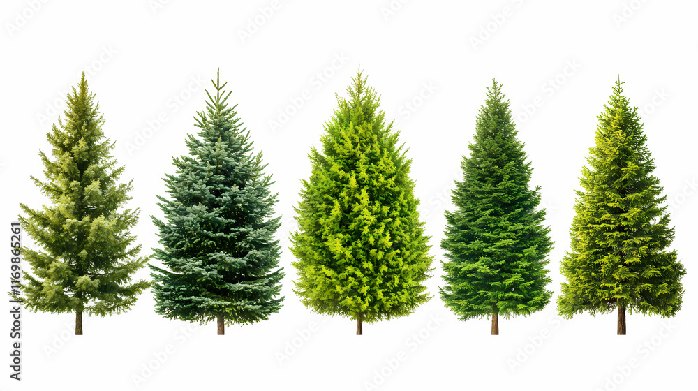 Green evergreen trees such as fir pine and spruce in a treeline on a white background. Evergreen. Illustration Green evergreen trees such as fir pine and spruce in a treeline on a white background. Evergreen. Illustration