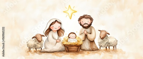 Mary and Joseph, sheep, a star above them, in a simple.