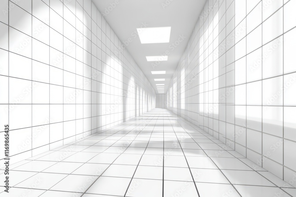 3D render of an empty white tile room with square tiles on the walls and floor. 3D render of an empty white tile room with square tiles on the walls and floor.