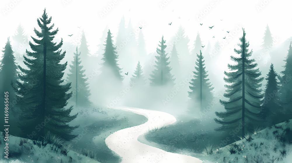 Fototapeta premium Misty forest path winding through evergreen trees. Evergreen. Illustration