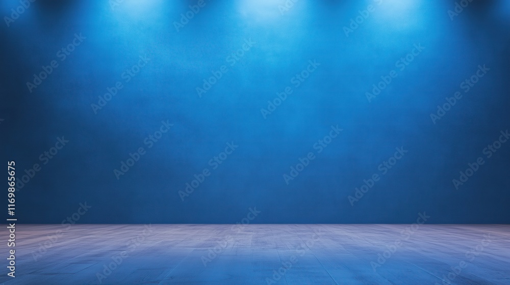 Empty room with wooden floor and illuminated blue wall background. Interior design concept with copy space for text or graphics.