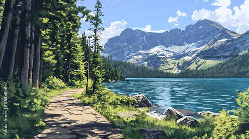 Montana trail - spring mountain trail at lake josephine in glacier national park. Evergreen. Illustration photo