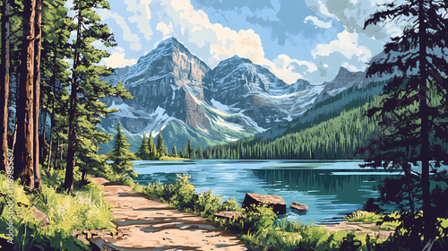 Montana trail - spring mountain trail at lake josephine in glacier national park. Evergreen. Illustration photo