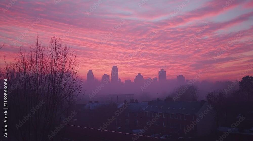 Obraz premium Vibrant Sunrise Over Hazy City Skyline