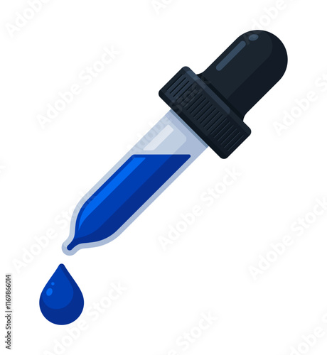 Dropper with dark blue ink droplet. Skincare, essential oil, chemistry pipette, color picker concept. Flat vector illustration isolated on a white background