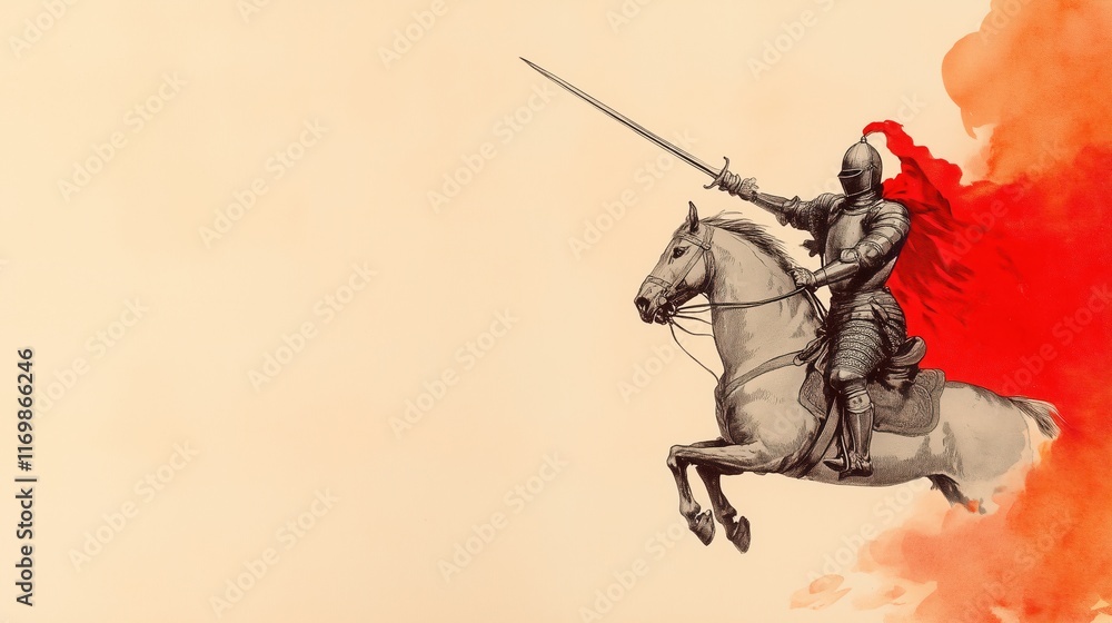 Fototapeta premium Medieval Knight in Full Armor Riding Rearing Horse with Sword in Hand Against Fiery Backdrop, Mythical Battle Scene, Historical Fantasy Illustration for Epic Adventures and Storytelling