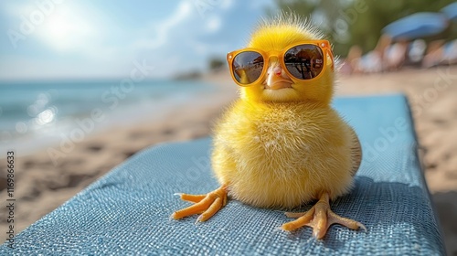 Cute fluffy chick in sunglasses relaxing on beach lounger.