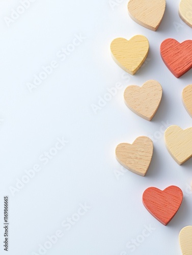 Colorful wooden hearts on white background flat lay photography