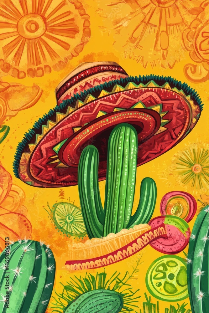A whimsical scene of a cactus wearing a sombrero hat, with a giant mushroom in the desert. A whimsical scene of a cactus wearing a sombrero hat, with a giant mushroom in the desert.