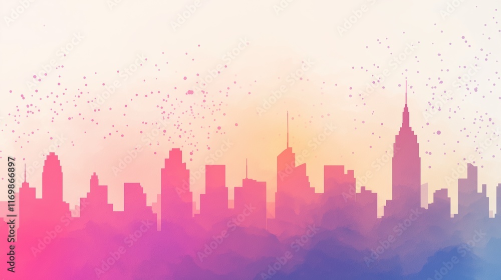 Abstract City Skyline with Vibrant Fireworks Celebrating New Year's Eve in a Digital Art Style Highlighting Urban Night Holiday Theme with Colorful Silhouette and Festive Atmosphere Abstract City Skyline with Vibrant Fireworks Celebrating New Year's Eve in a Digital Art Style Highlighting Urban Night Holiday Theme with Colorful Silhouette and Festive Atmosphere