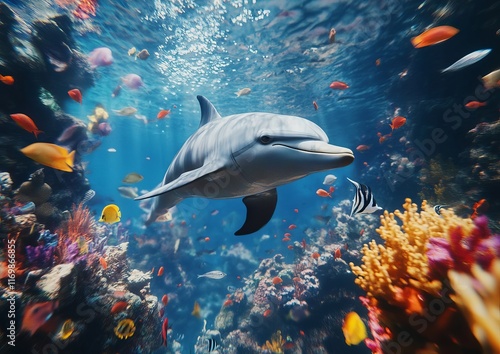 Imagine a graceful dolphin gliding effortlessly through the crystal-clear waters of a vibrant coral reef photo