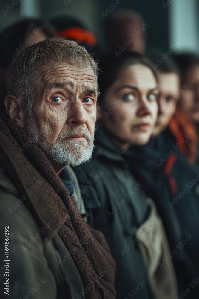 Fototapeta premium Old man with beard and coat, looking down in line with crowd