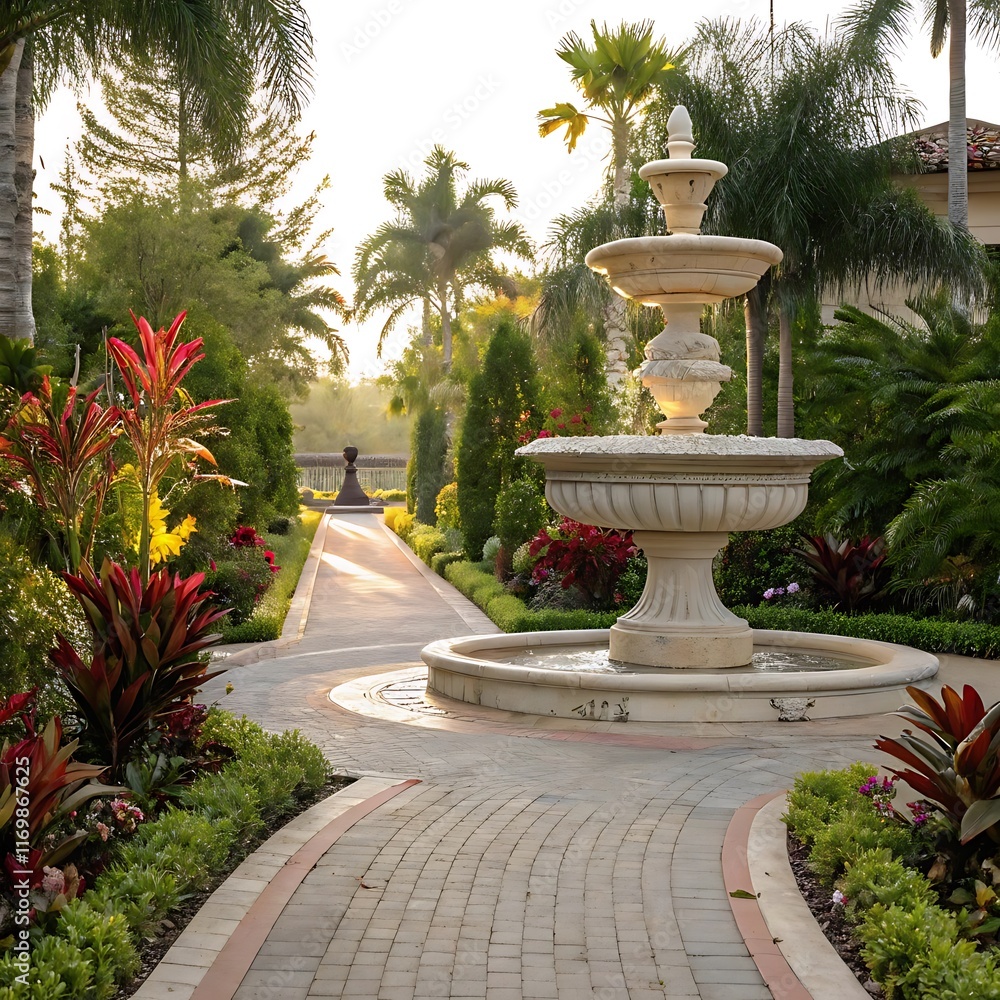 A marble fountain in the background and exotic plants lining the driveway,ai generative A marble fountain in the background and exotic plants lining the driveway,ai generative