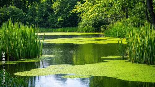 Algae Blooms in a Serene Lake Setting photo