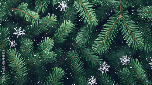 Evergreen fir branches with needles arranged oppositely on the stem, snowflakes, evergreen foliage. Evergreen. Illustration photo