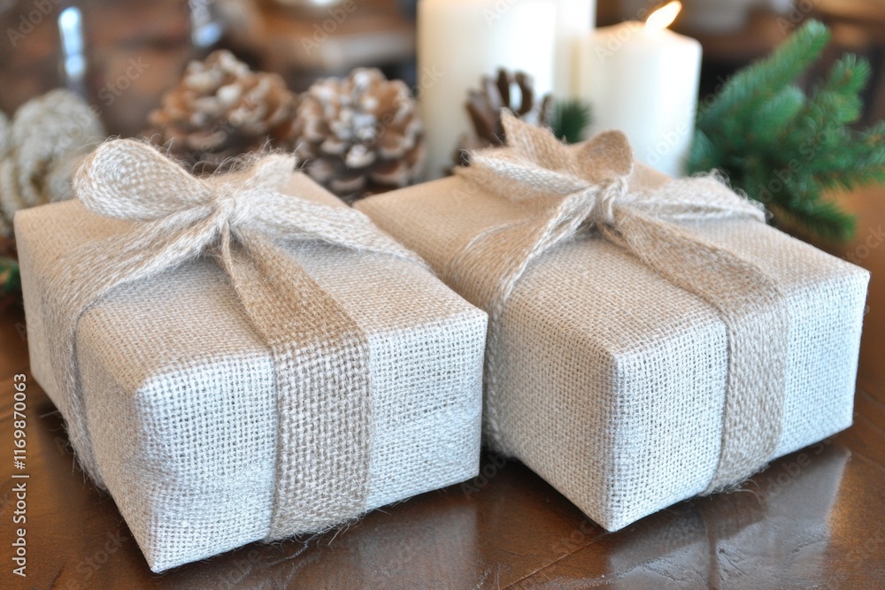 Two rustic gifts wrapped in burlap with simple bows. Two rustic gifts wrapped in burlap with simple bows.