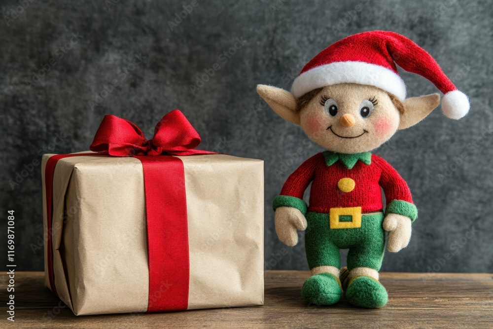 A smiling Christmas elf doll stands next to a wrapped gift with a red ribbon. A smiling Christmas elf doll stands next to a wrapped gift with a red ribbon.