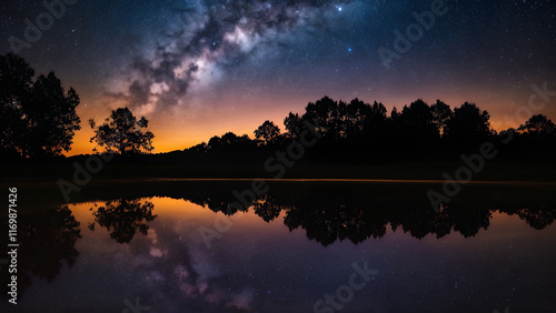 A tranquil pond reflects the breathtaking night sky, filled with the Milky Way and a vibrant sunset, casting a magical glow on the silhouette of the trees.  The mirrored image creates a breathtaking s photo