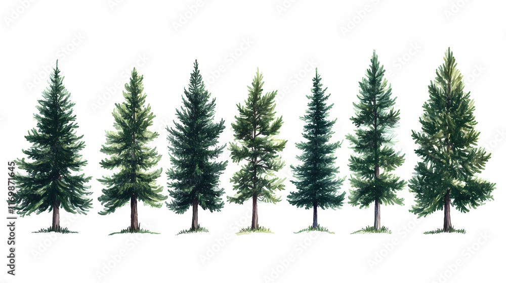 Obraz premium A digital illustration of a row of tall evergreen trees of varying heights. the trees are drawn in a realistic style and are set against a white background. Evergreen. Illustration