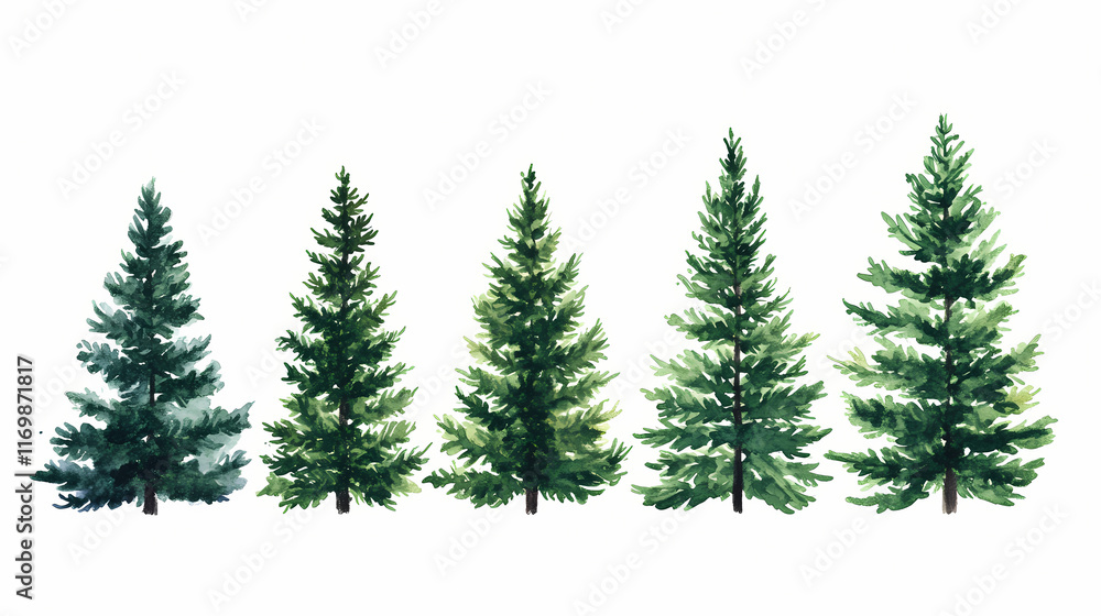 Obraz premium A row of evergreen trees against a white background. Evergreen. Illustration
