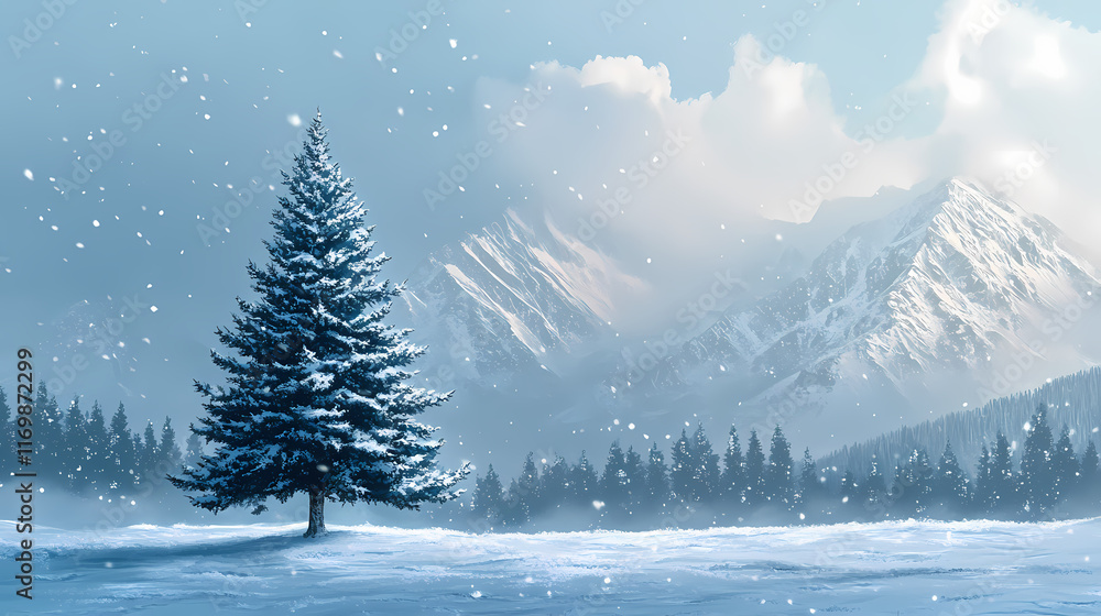 A single snow-covered evergreen tree stands in a snowy field in front of a misty mountain range. Evergreen. Illustration A single snow-covered evergreen tree stands in a snowy field in front of a misty mountain range. Evergreen. Illustration