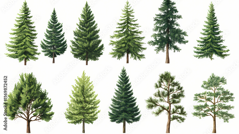 A variety of coniferous trees on a transparent background. Evergreen. Illustration A variety of coniferous trees on a transparent background. Evergreen. Illustration