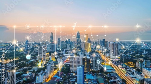 Wallpaper Mural Connecting Smart City and Abstract Elements with Gradient Lines and Intricate Wave Lines in the Concept of Big Data Connection Technology Torontodigital.ca