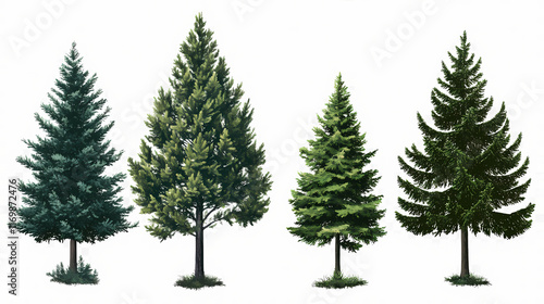 A variety of coniferous trees on a transparent background. Evergreen. Illustration